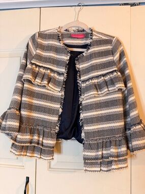 Pookie and Sebastian Navy & Cream  Striped Tweed Ruffle Jacket